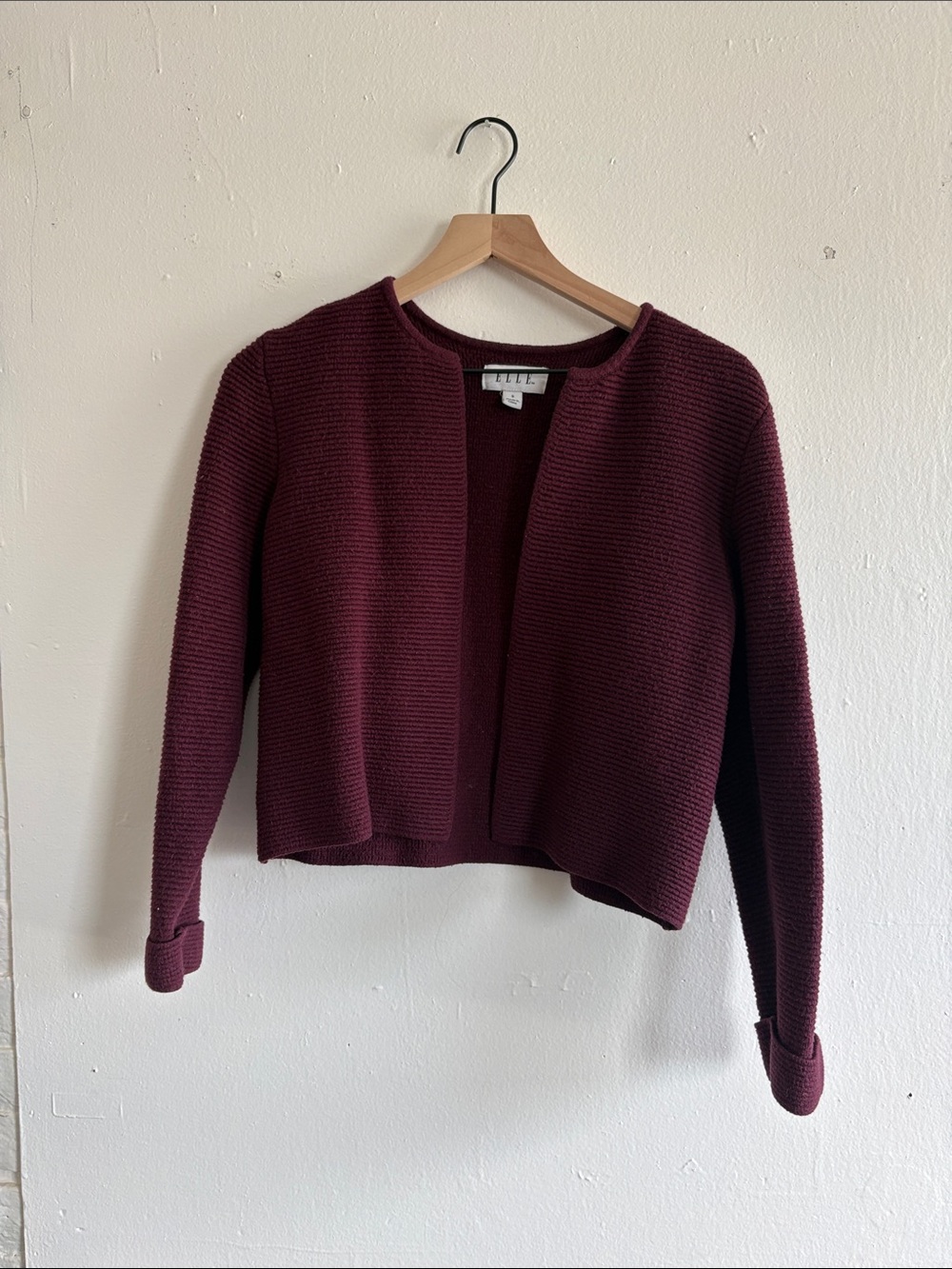 Elle Burgundy Open-Front Textured Knit Cardigan